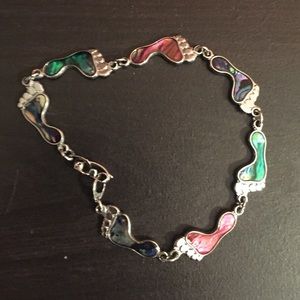 🥳2/$15 — Silver Bracelet of Interlinked Multicolored Feet